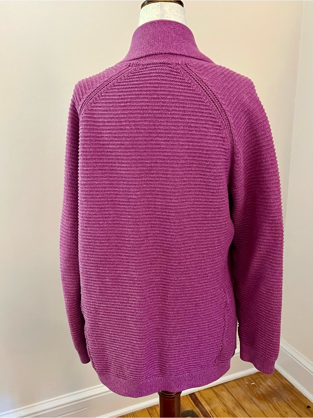 L.L.Bean Cotton Shawl Collar Open Cardigan Sweater Purple Large Petite - Picture 4 of 6